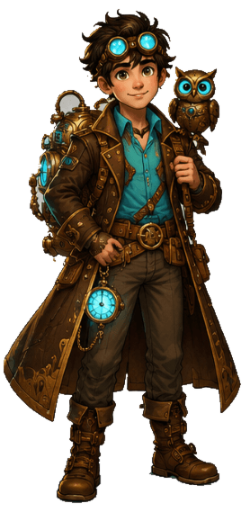 Pip Chronos, a young steampunk time traveler with cyan goggles and a mechanical owl